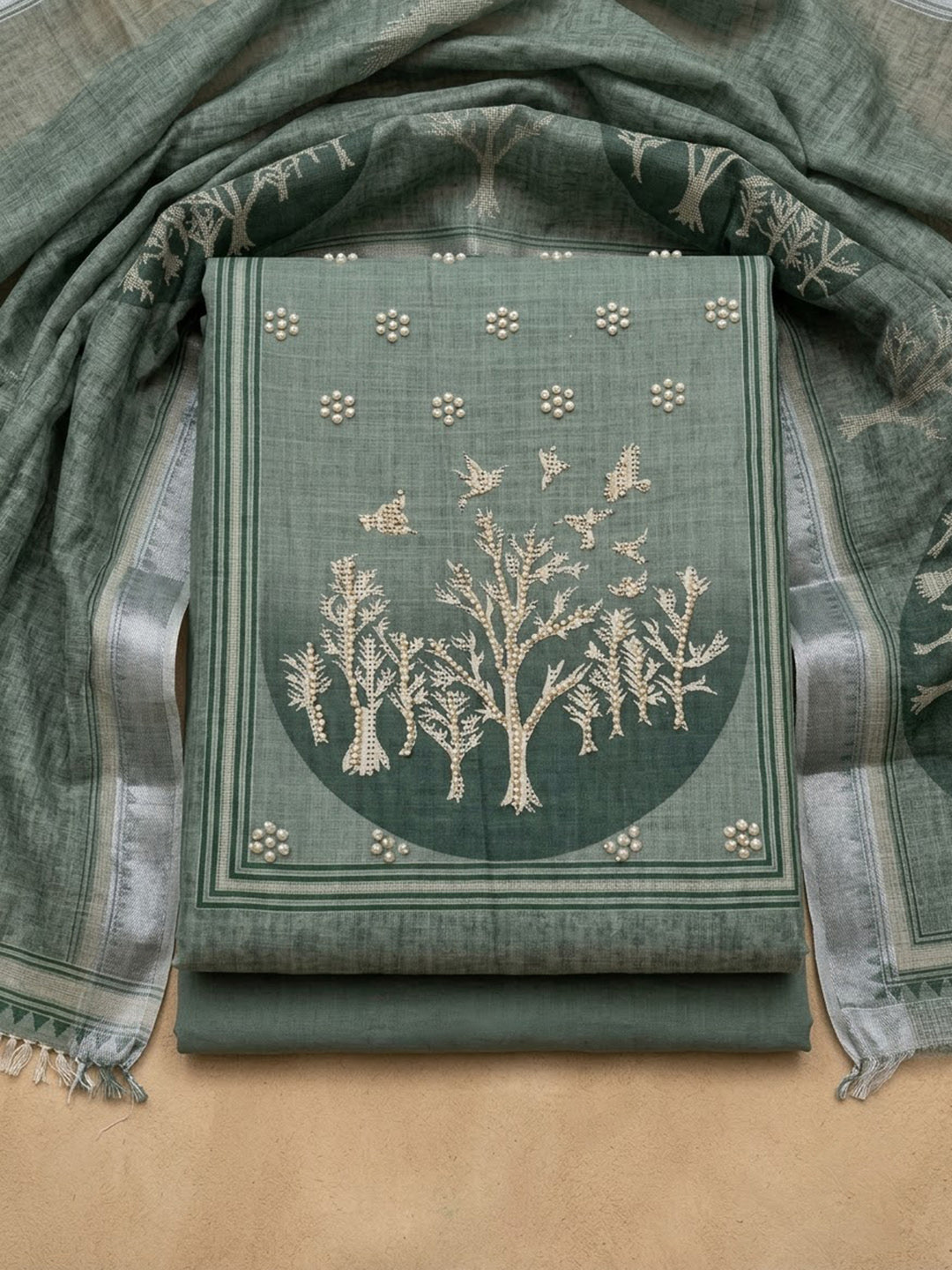 Grey Linen Blend Embroidered Unstitched Dress Material