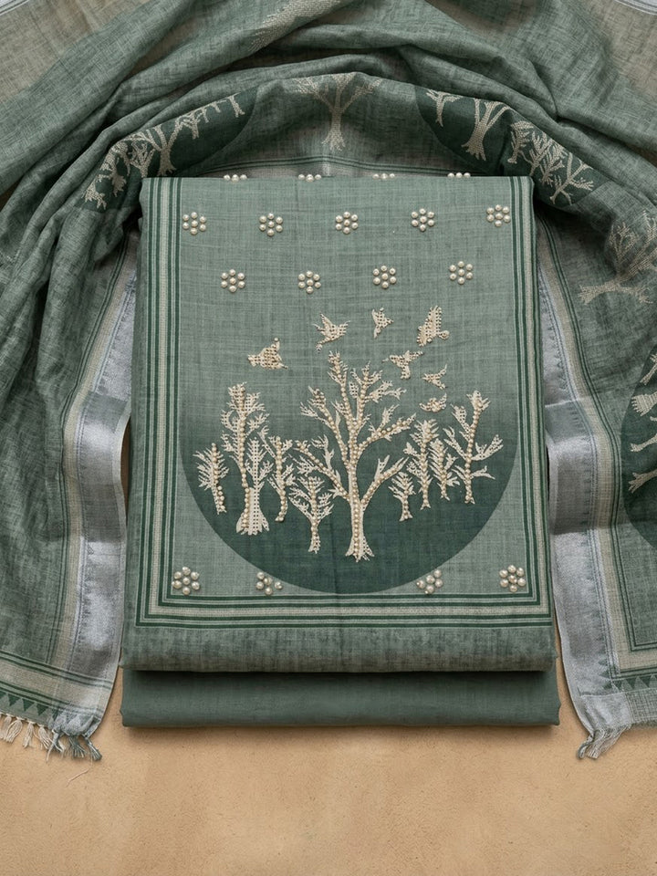 Grey Linen Blend Embroidered Unstitched Dress Material