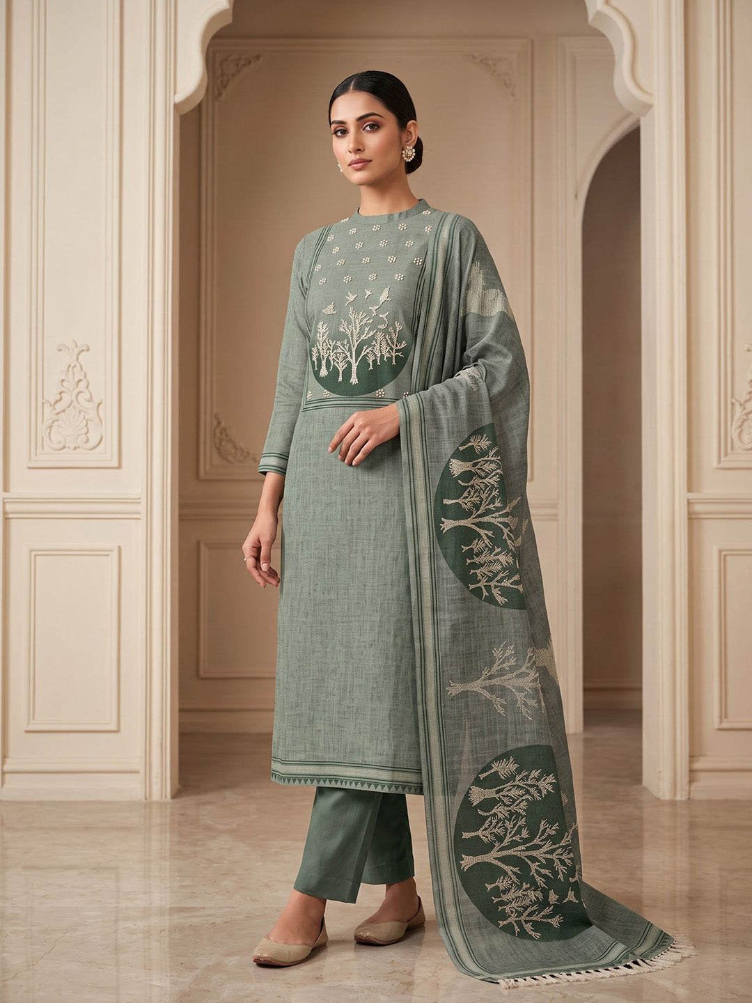 Grey Linen Blend Embroidered Unstitched Dress Material