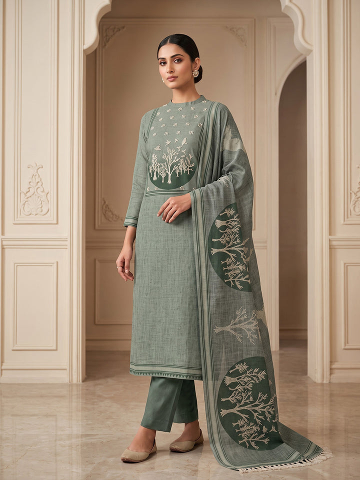 Grey Linen Blend Embroidered Unstitched Dress Material