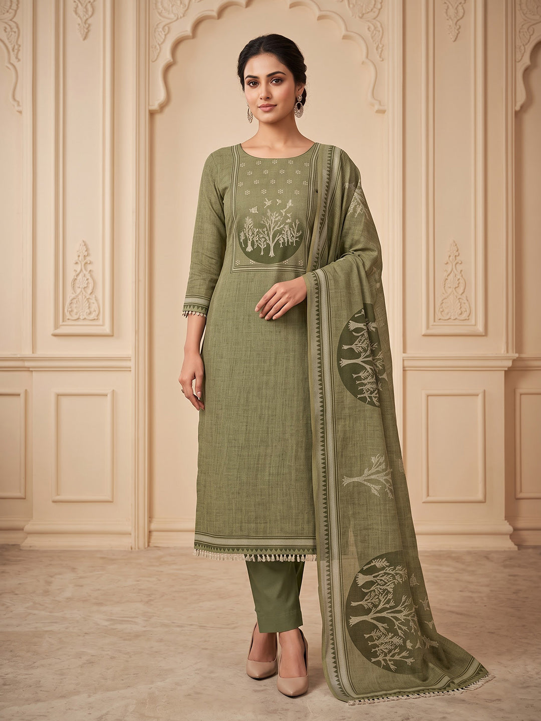 Mehndi Linen Blend Embroidered Unstitched Dress Material