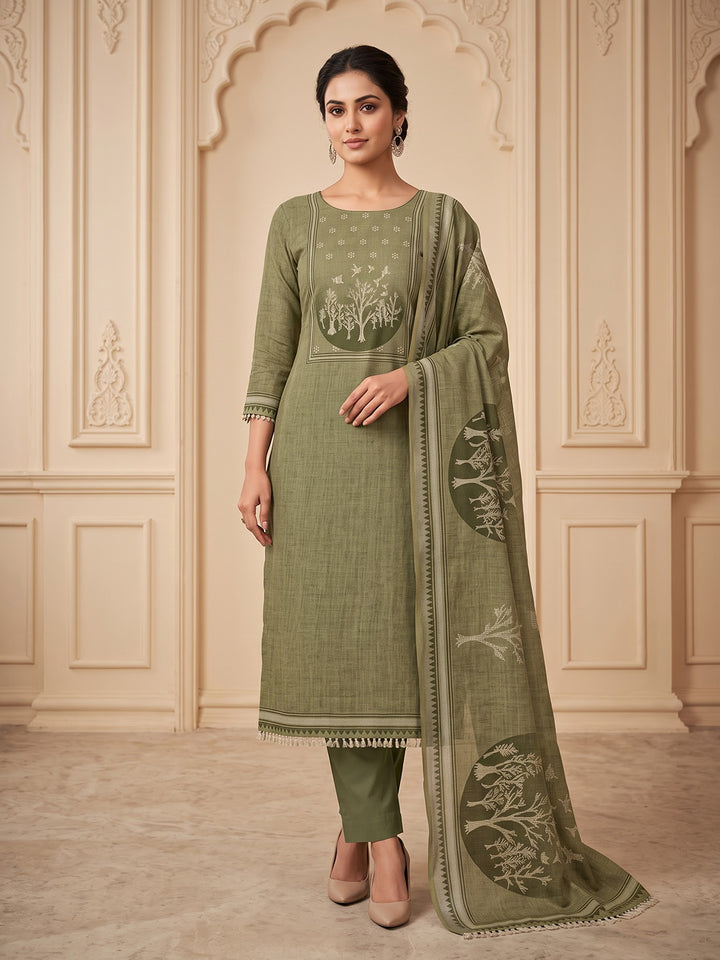 Mehndi Linen Blend Embroidered Unstitched Dress Material