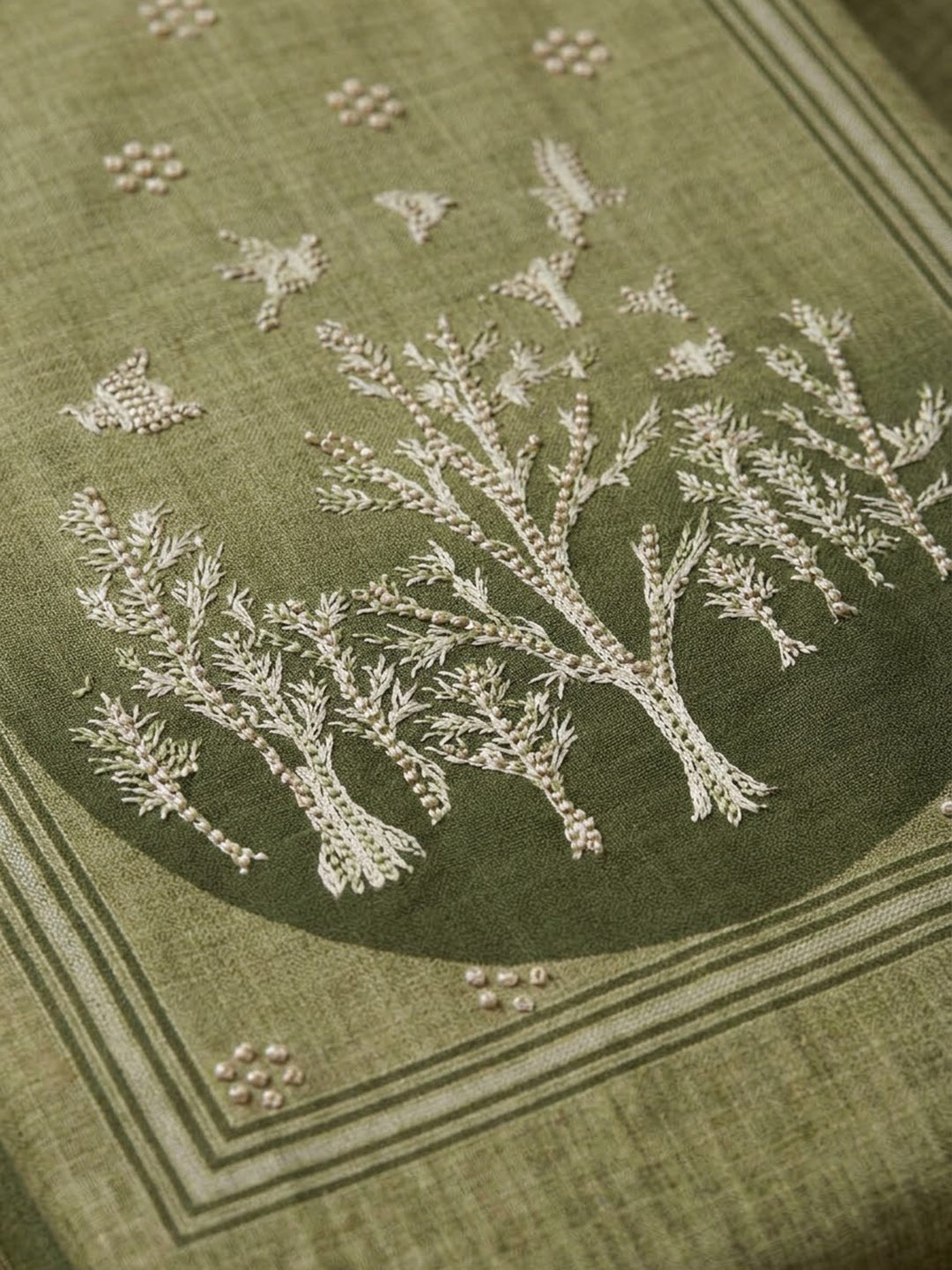 Mehndi Linen Blend Embroidered Unstitched Dress Material
