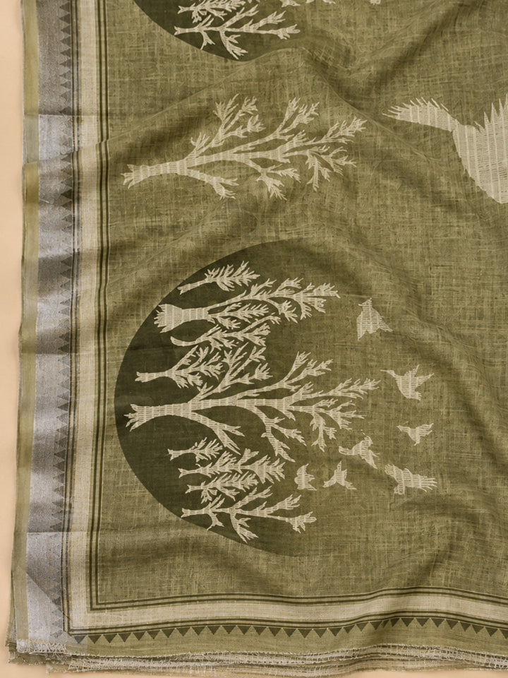 Mehndi Linen Blend Embroidered Unstitched Dress Material