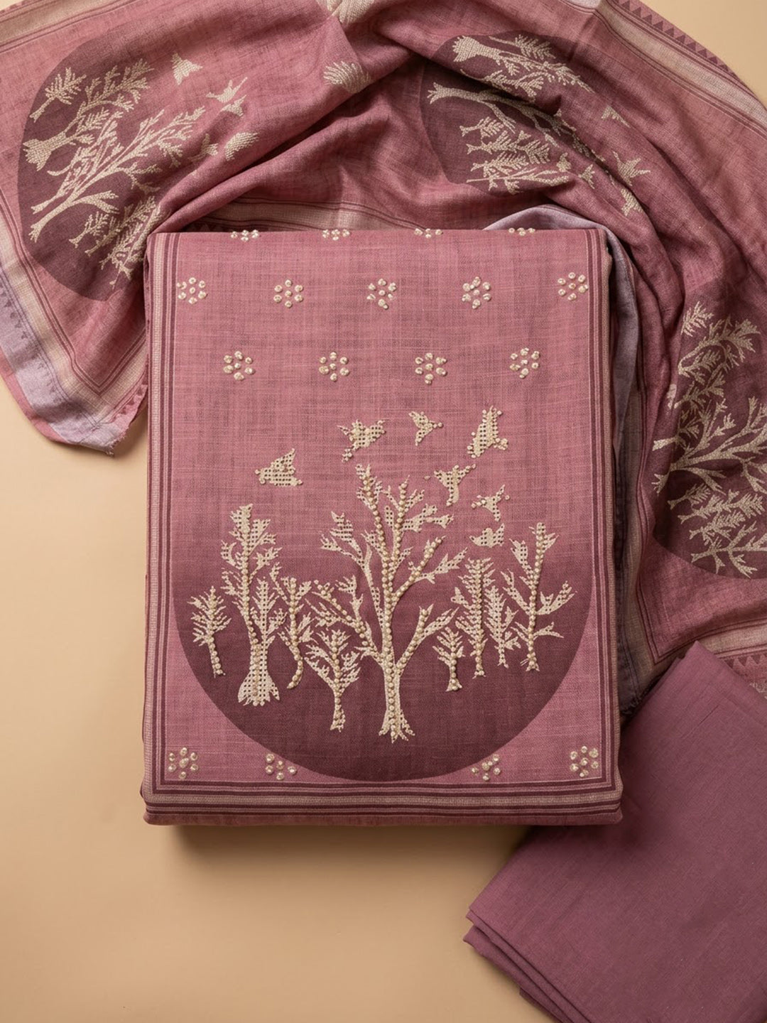 Onion Pink Linen Blend Embroidered Unstitched Dress Material