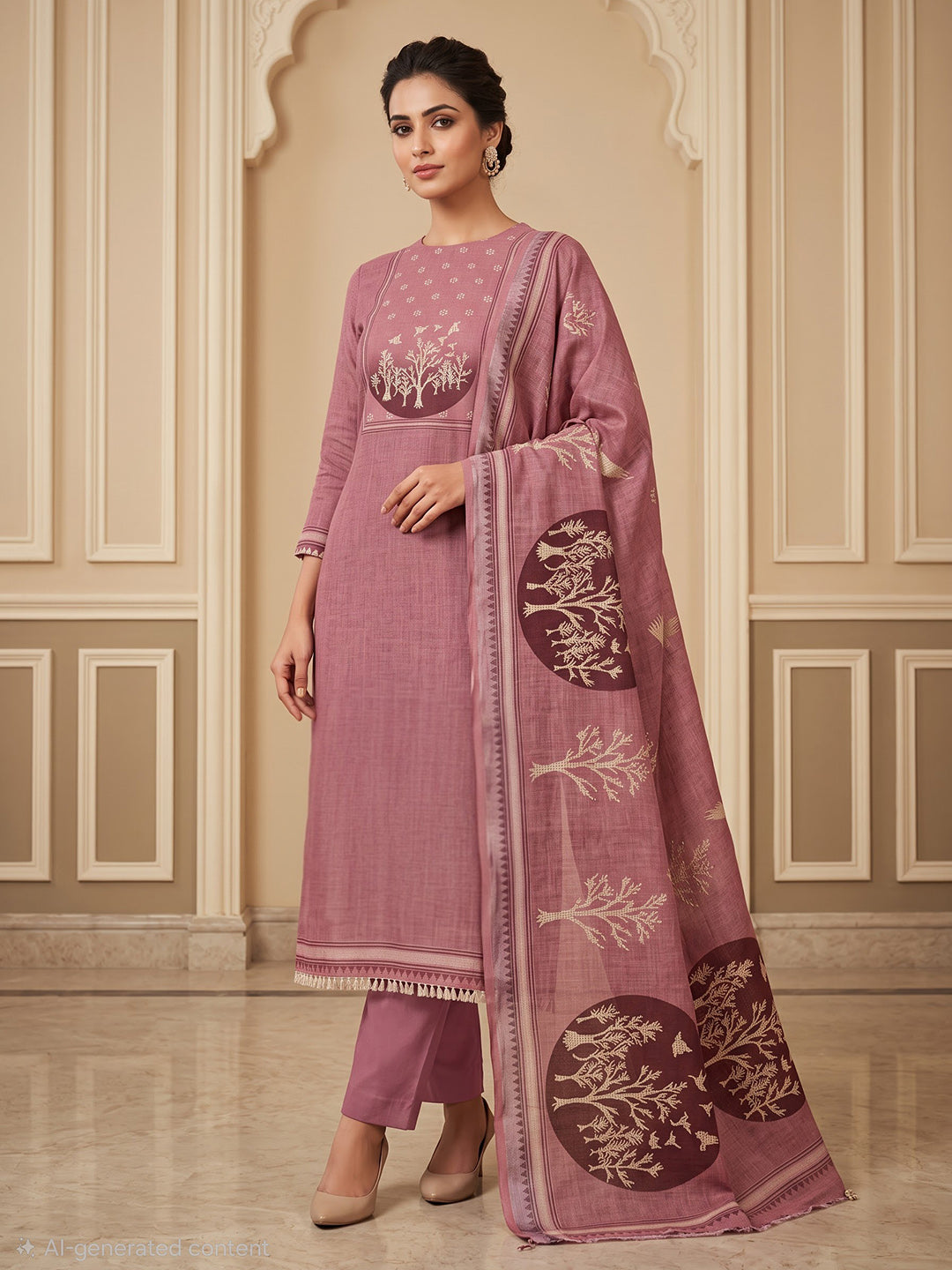 Onion Pink Linen Blend Embroidered Unstitched Dress Material
