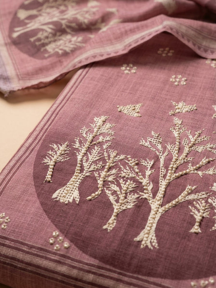 Onion Pink Linen Blend Embroidered Unstitched Dress Material