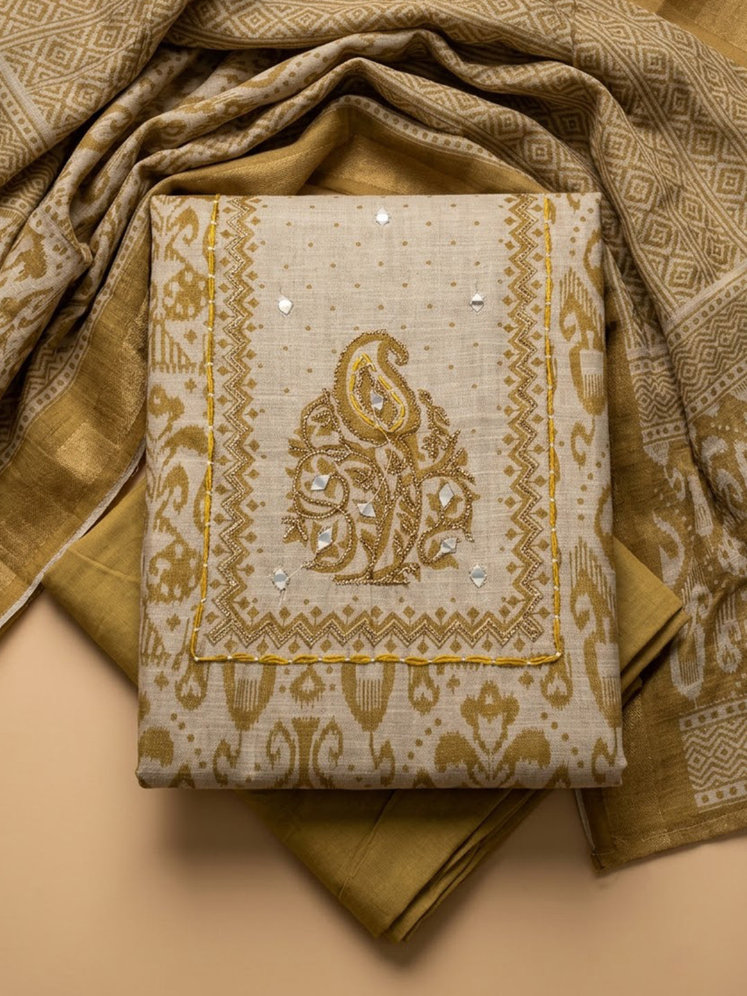 Beige Linen Blend Printed Unstitched Dress Material