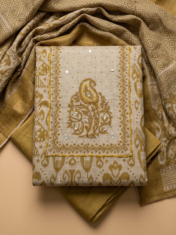 Beige Linen Blend Printed Unstitched Dress Material