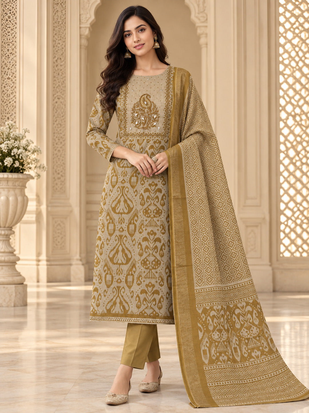Beige Linen Blend Printed Unstitched Dress Material