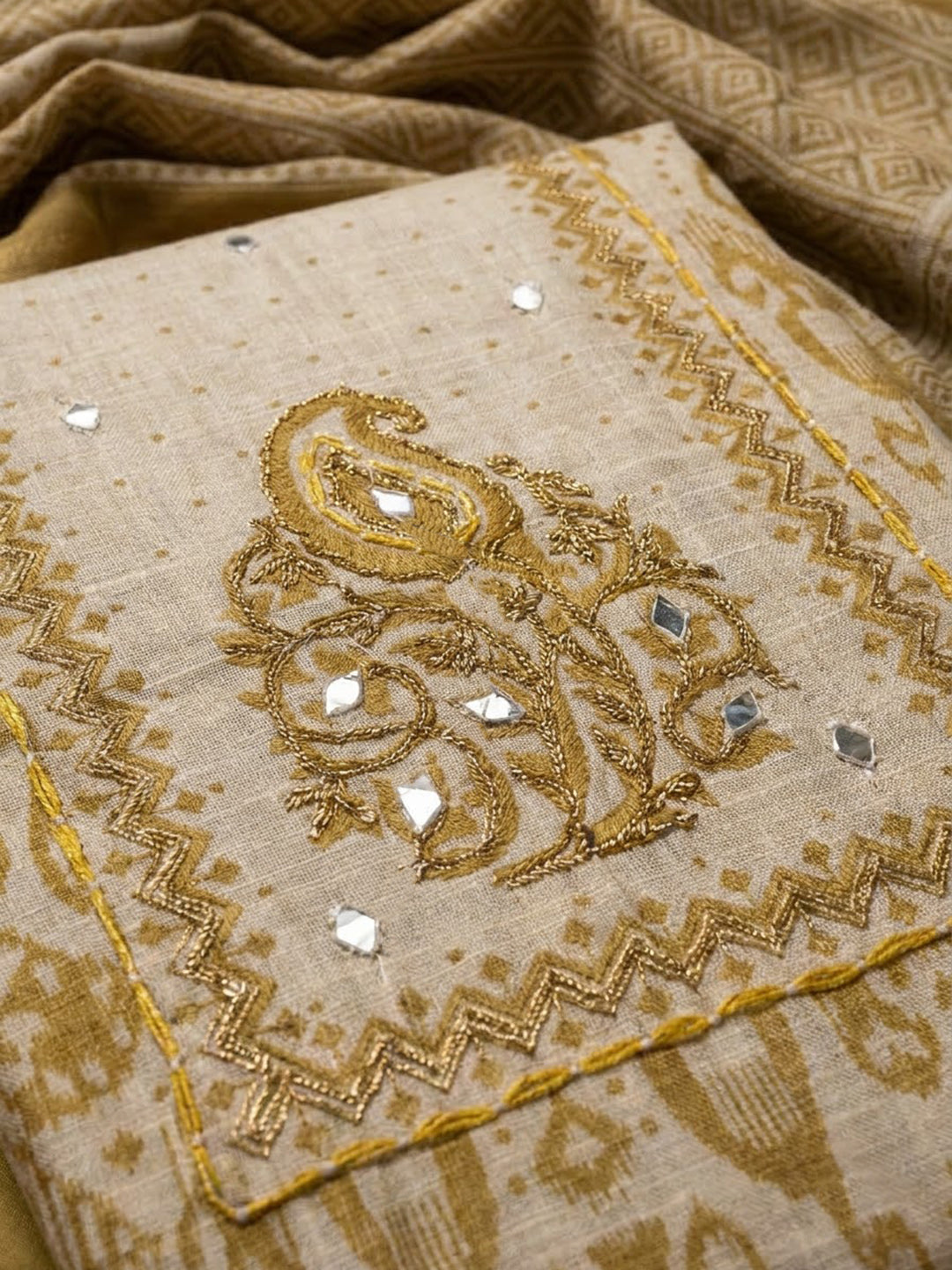 Beige Linen Blend Printed Unstitched Dress Material