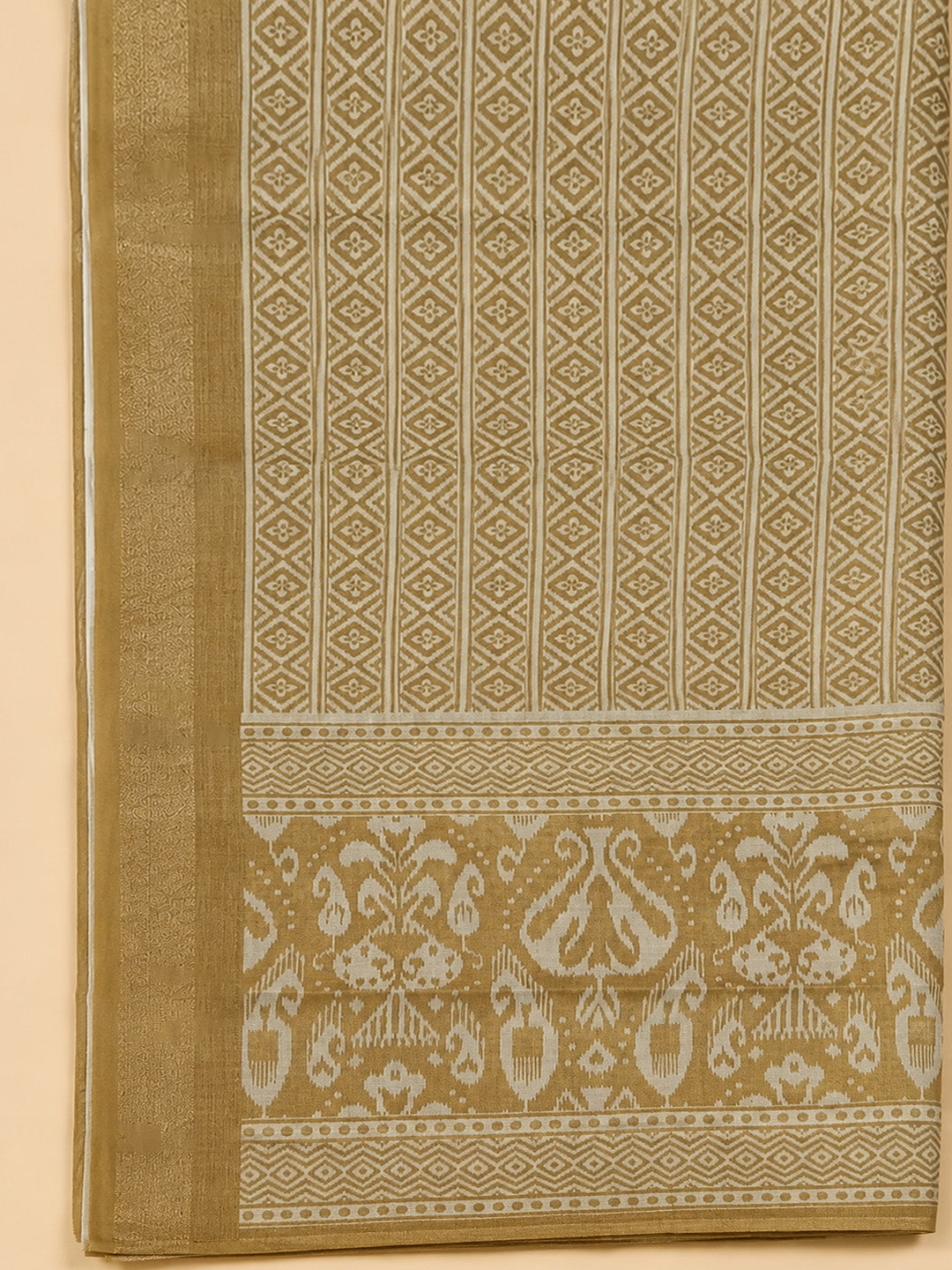 Beige Linen Blend Printed Unstitched Dress Material
