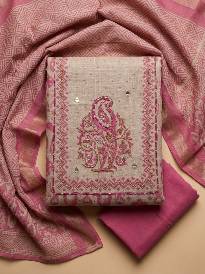 Onion Pink Linen Blend Printed Unstitched Dress Material