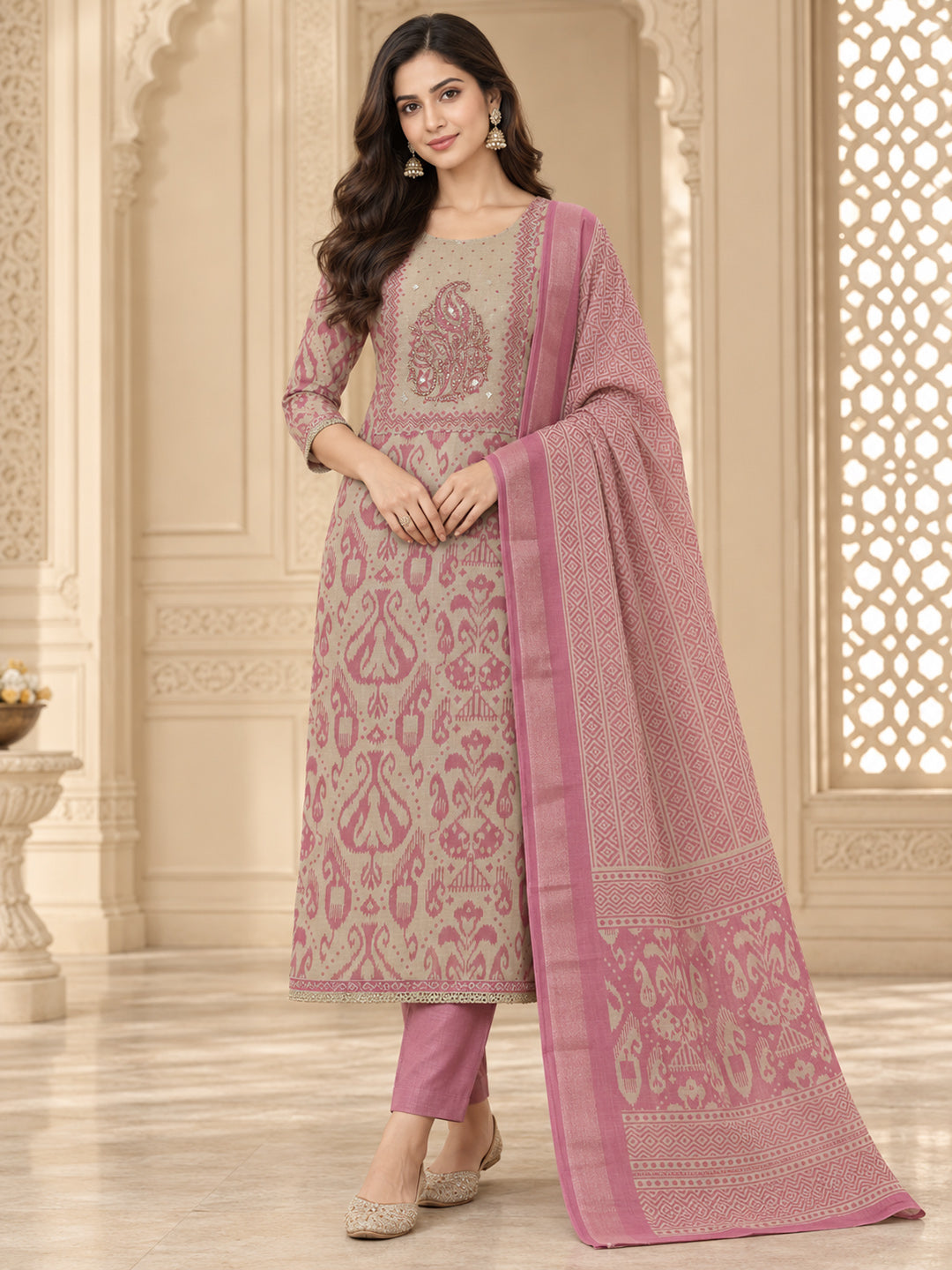 Onion Pink Linen Blend Printed Unstitched Dress Material
