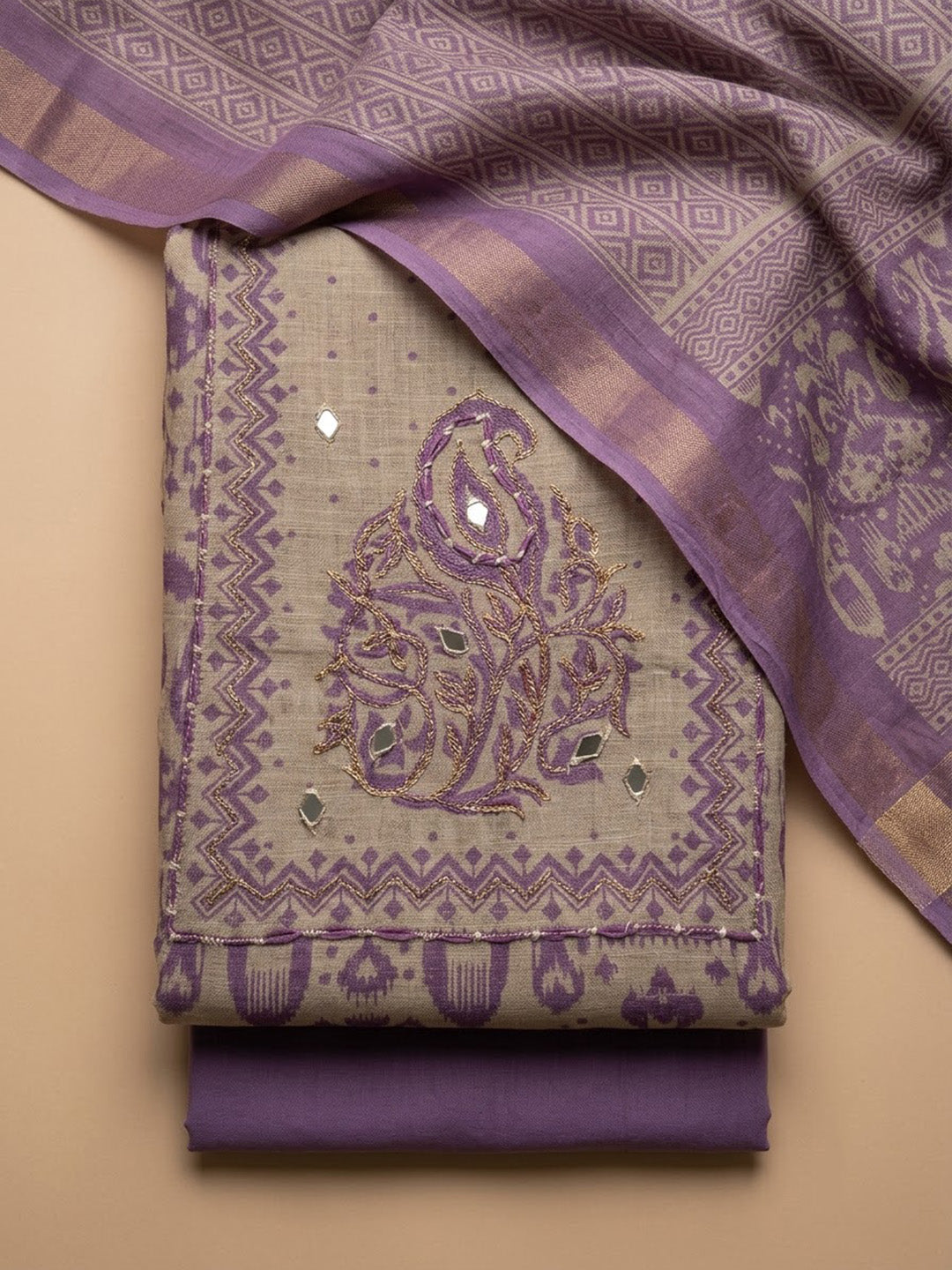 Purple Linen Blend Printed Unstitched Dress Material