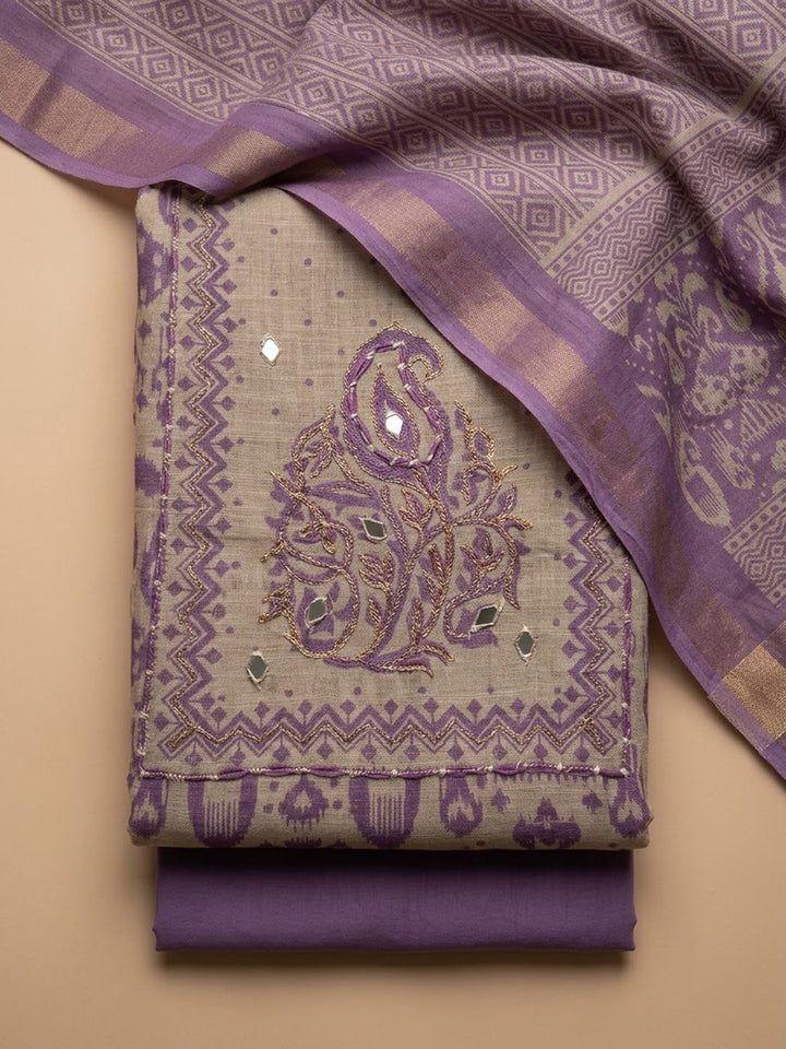 Purple Linen Blend Printed Unstitched Dress Material