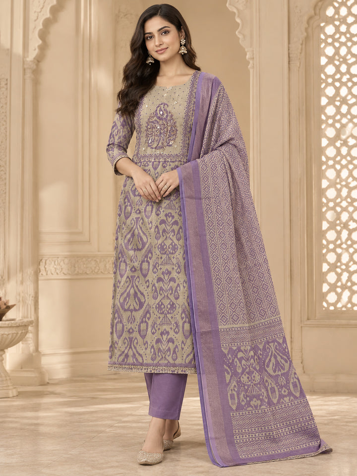 Purple Linen Blend Printed Unstitched Dress Material