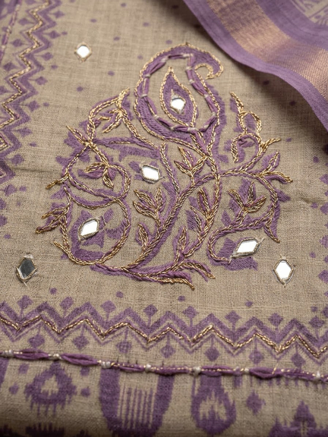 Purple Linen Blend Printed Unstitched Dress Material