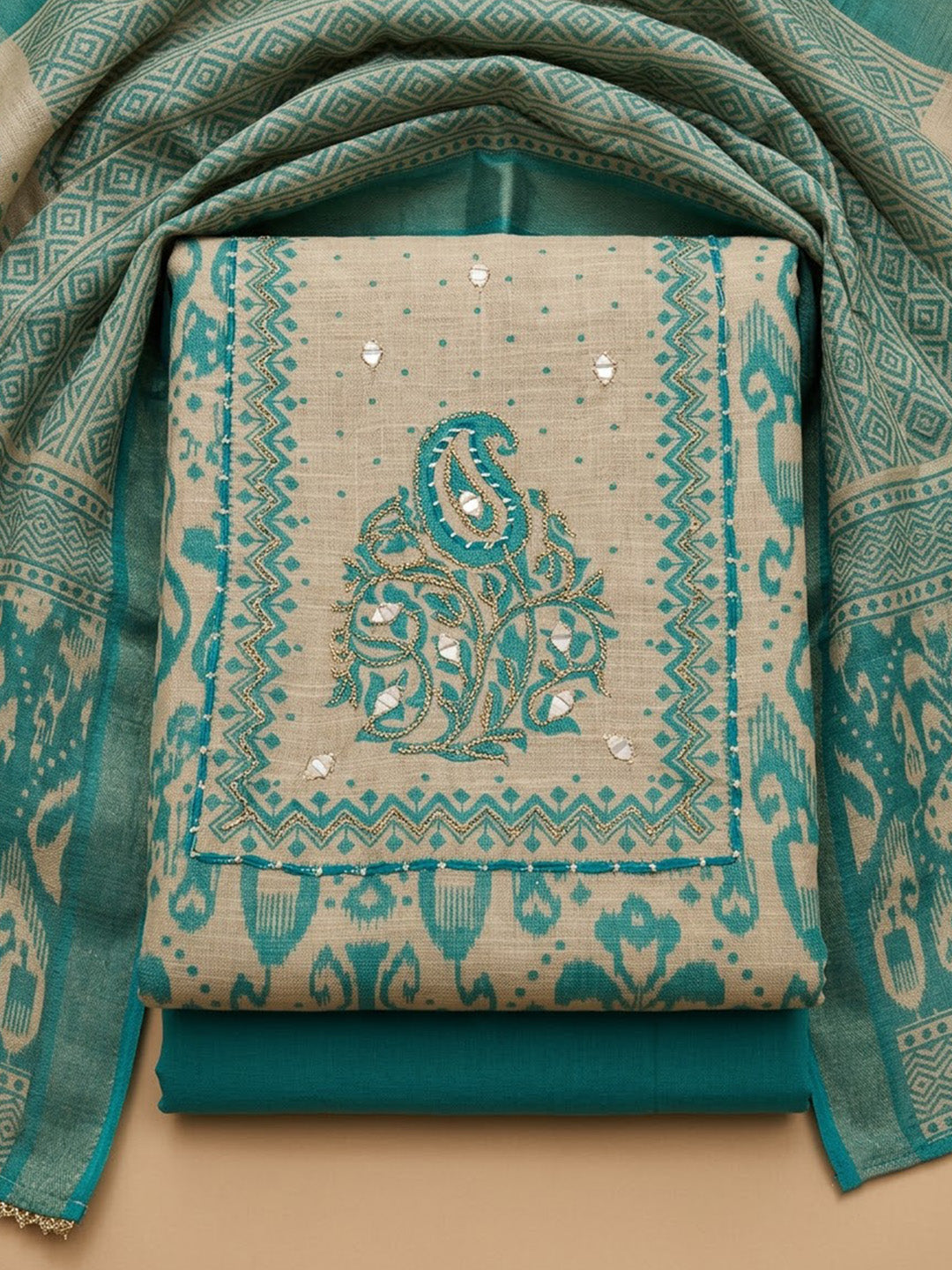 Rama Green Linen Blend Printed Unstitched Dress Material