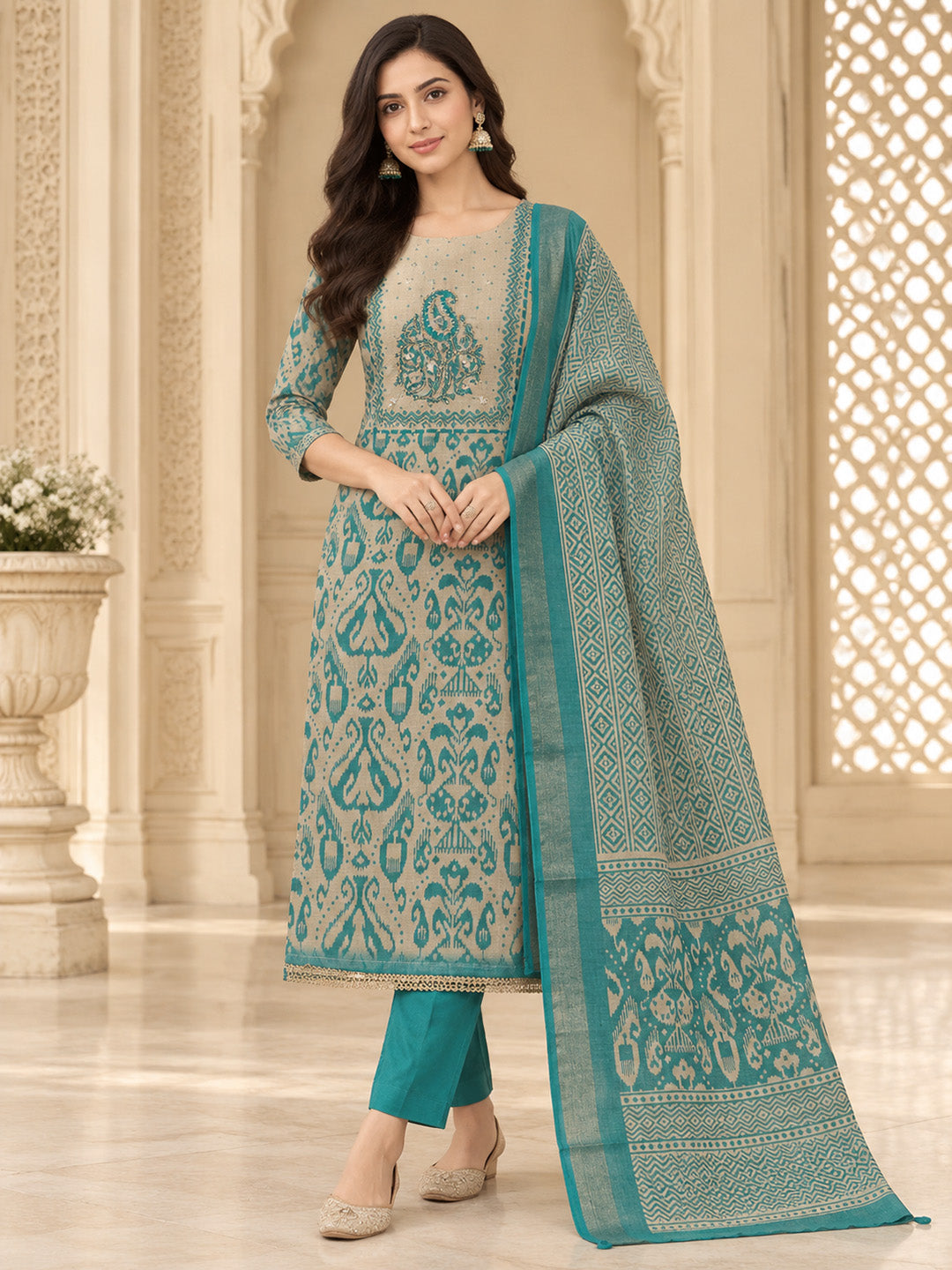 Rama Green Linen Blend Printed Unstitched Dress Material