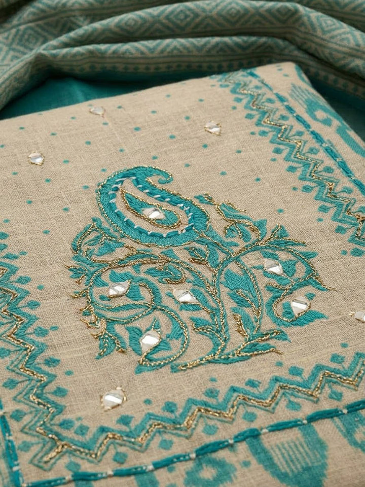 Rama Green Linen Blend Printed Unstitched Dress Material
