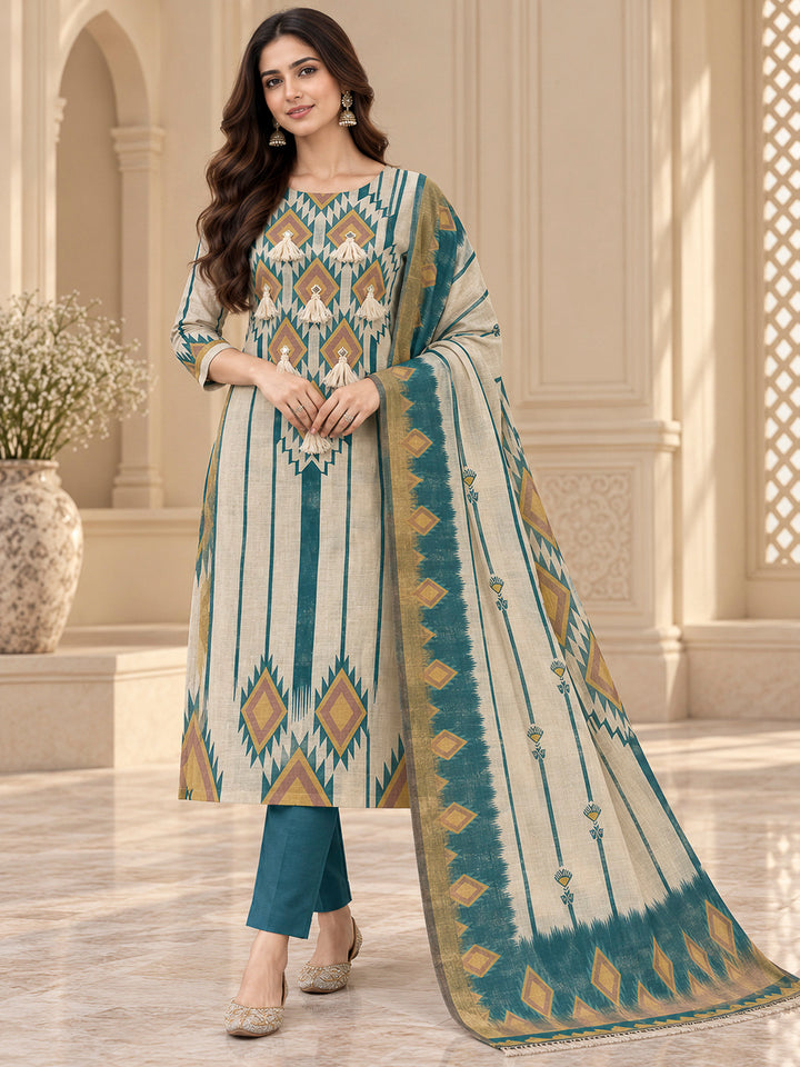 Blue Linen Blend Printed Unstitched Dress Material