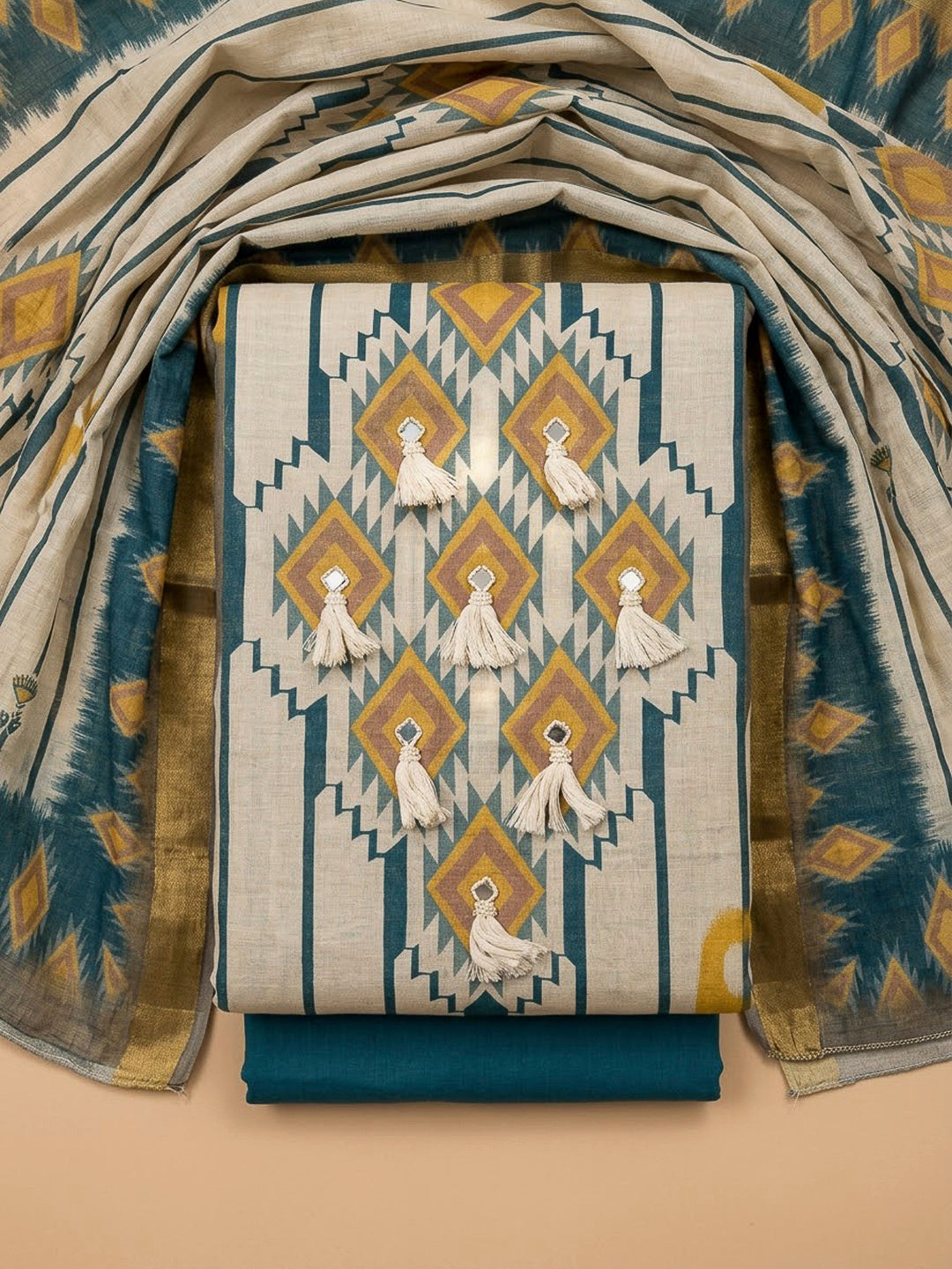 Blue Linen Blend Printed Unstitched Dress Material