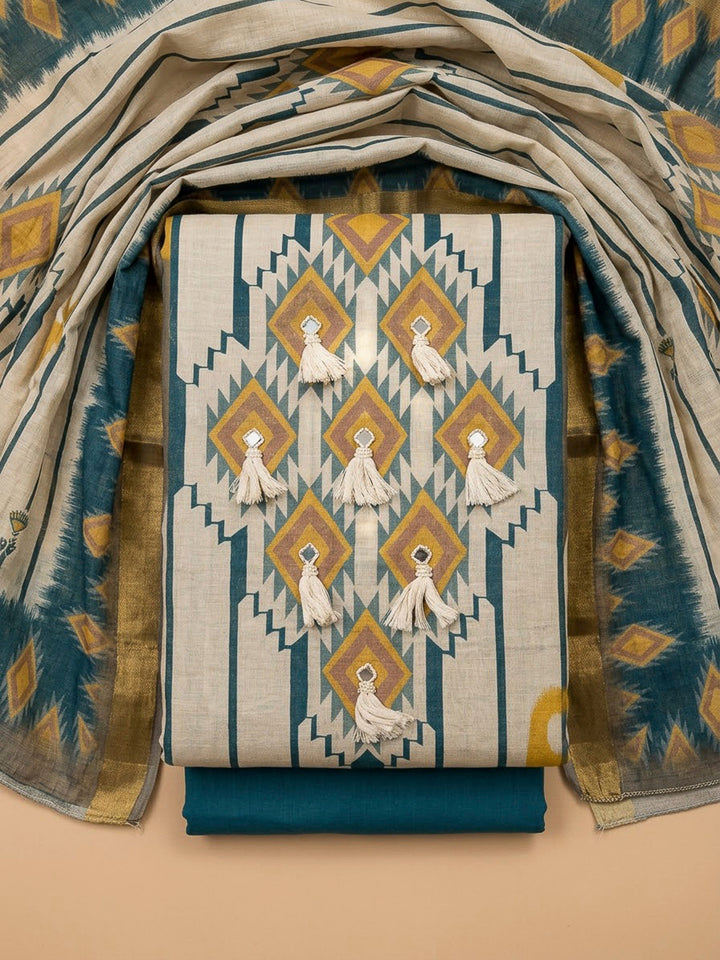 Blue Linen Blend Printed Unstitched Dress Material