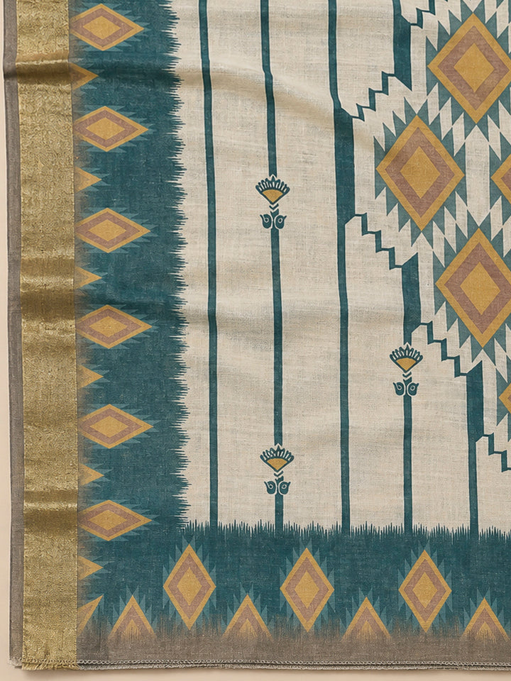 Blue Linen Blend Printed Unstitched Dress Material
