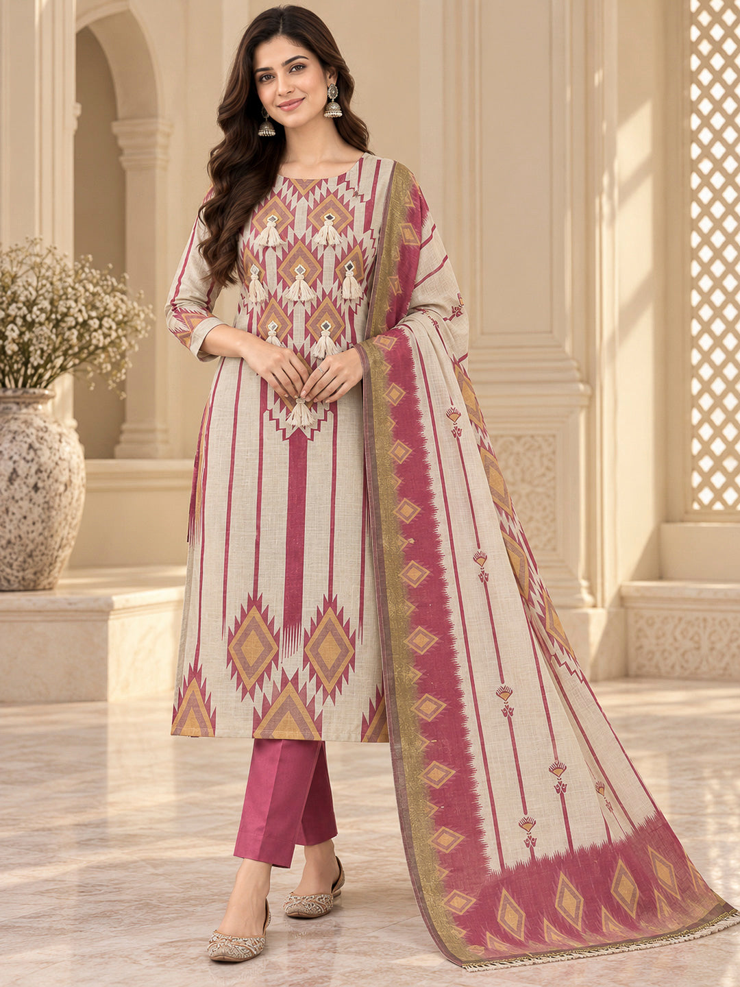 Onion Pink Linen Blend Printed Unstitched Dress Material