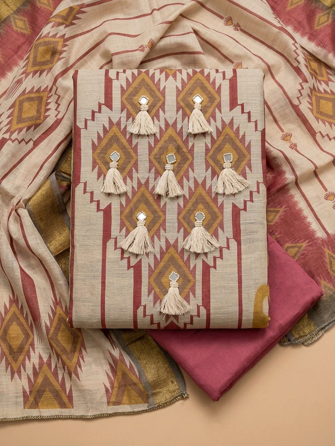 Onion Pink Linen Blend Printed Unstitched Dress Material
