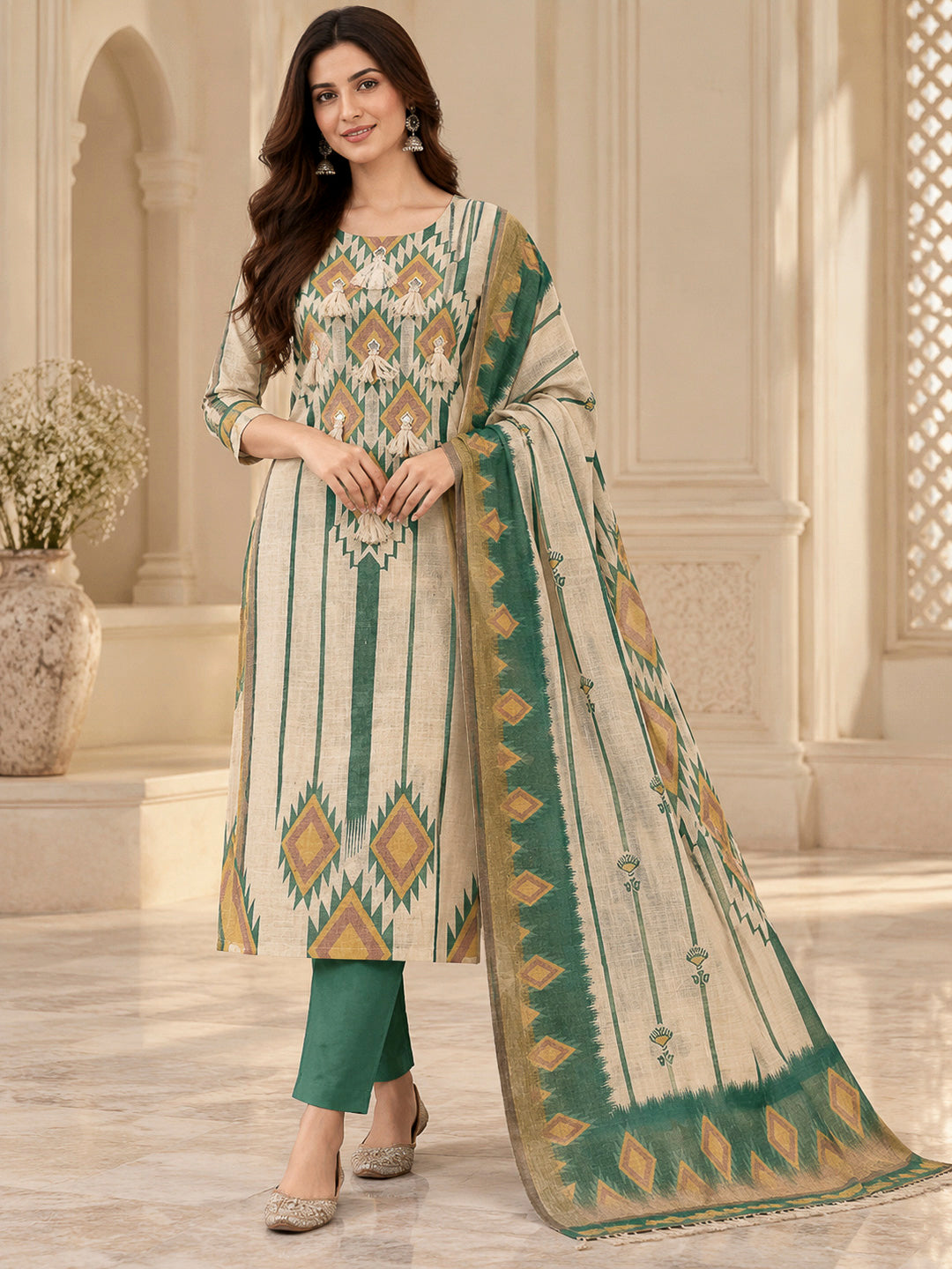 Rama Green Linen Blend Printed Unstitched Dress Material