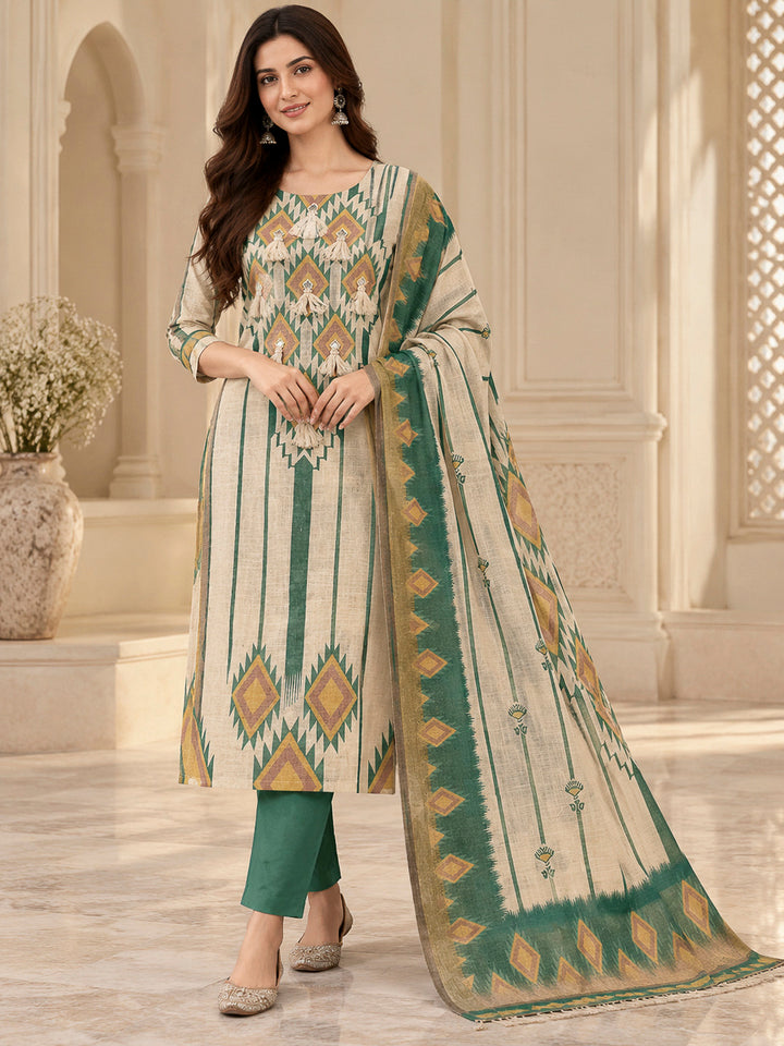 Rama Green Linen Blend Printed Unstitched Dress Material