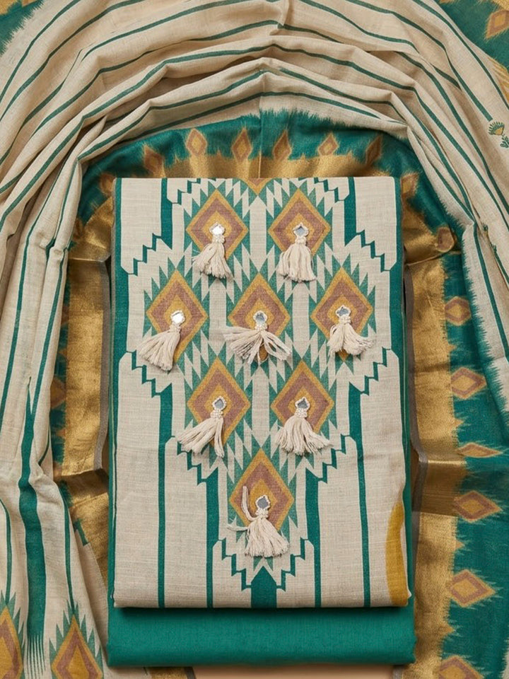 Rama Green Linen Blend Printed Unstitched Dress Material