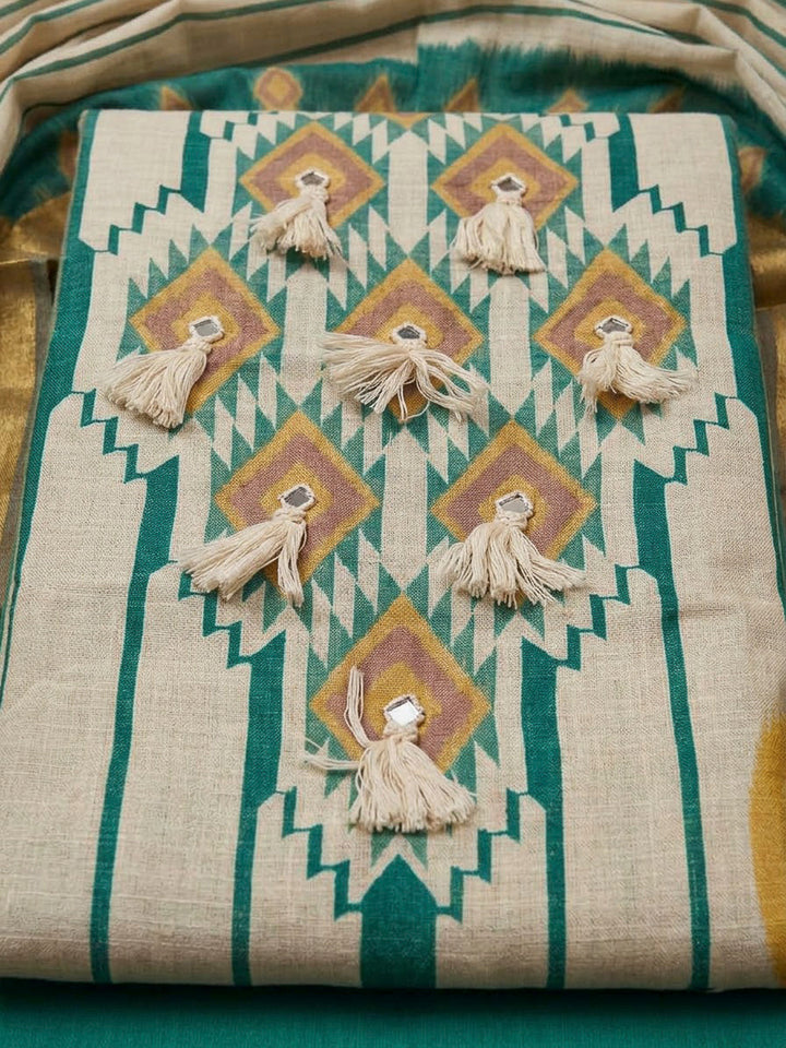 Rama Green Linen Blend Printed Unstitched Dress Material