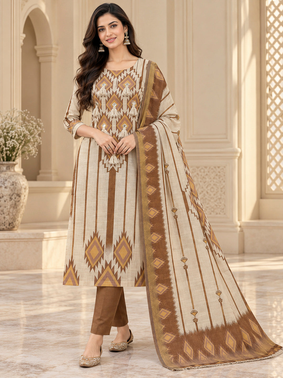 Rust Linen Blend Printed Unstitched Dress Material