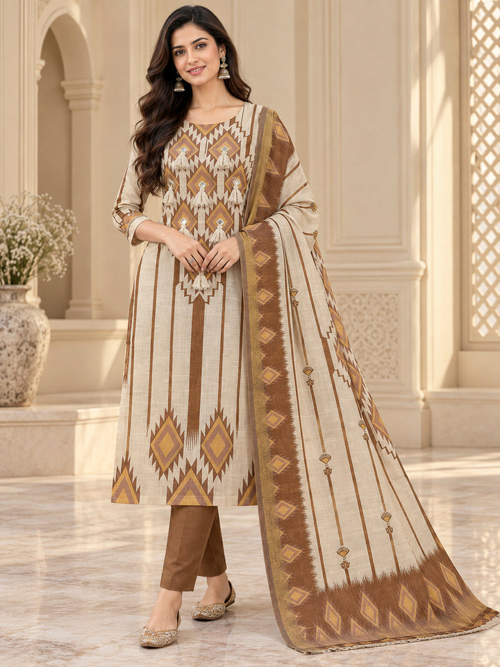 Rust Linen Blend Printed Unstitched Dress Material