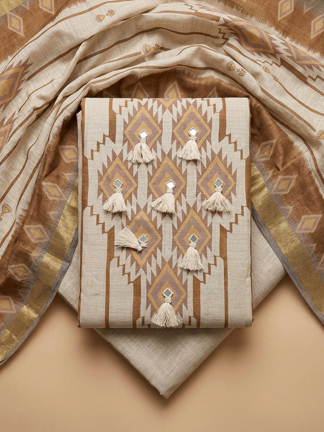 Rust Linen Blend Printed Unstitched Dress Material