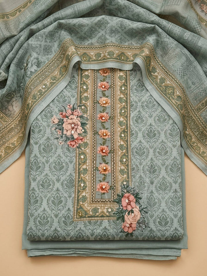 Grey Linen Blend Printed Unstitched Dress Material