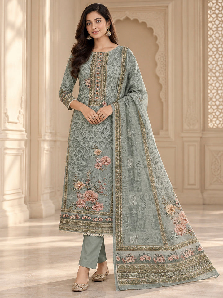 Grey Linen Blend Printed Unstitched Dress Material