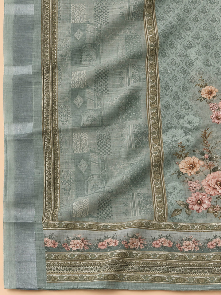 Grey Linen Blend Printed Unstitched Dress Material