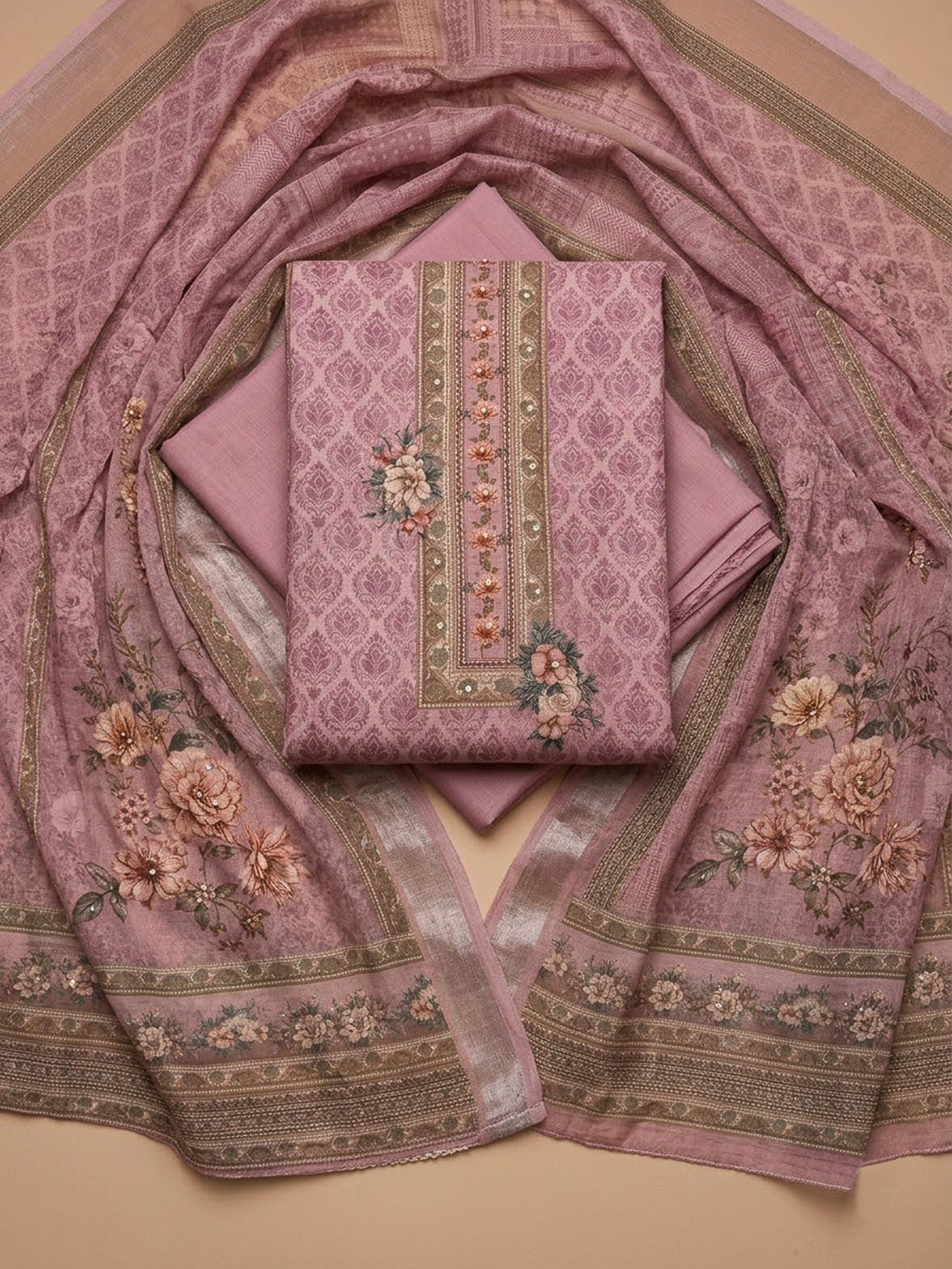 Onion Pink Linen Blend Printed Unstitched Dress Material