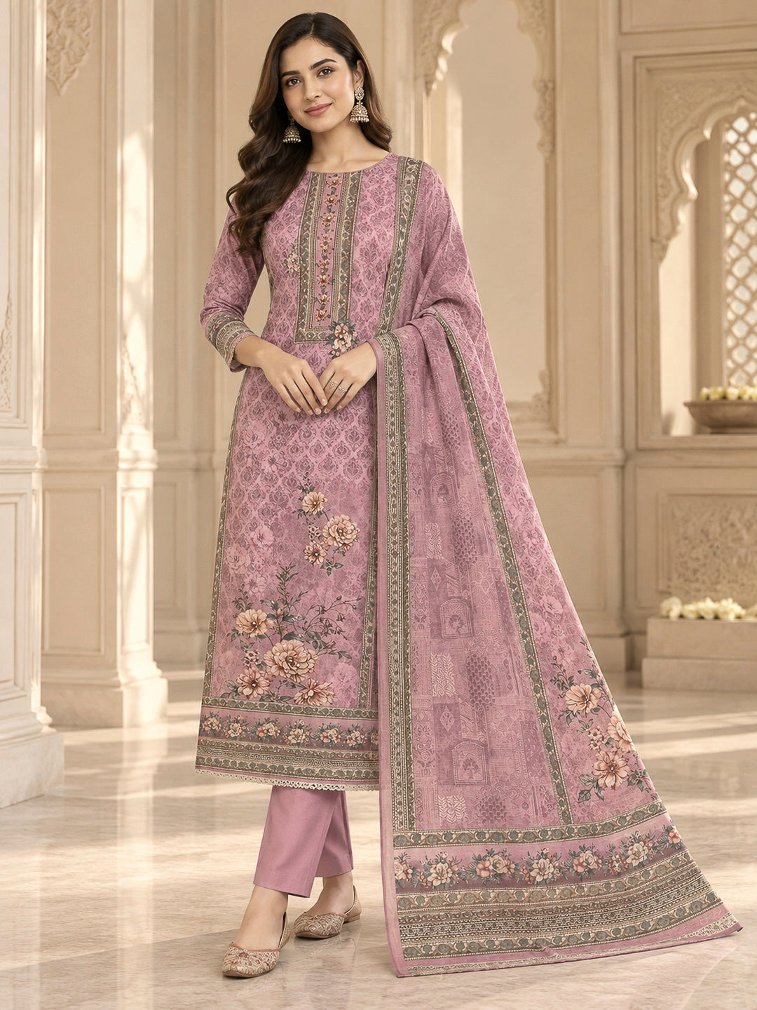Onion Pink Linen Blend Printed Unstitched Dress Material