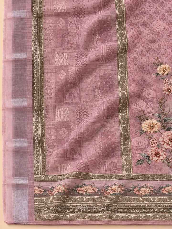 Onion Pink Linen Blend Printed Unstitched Dress Material