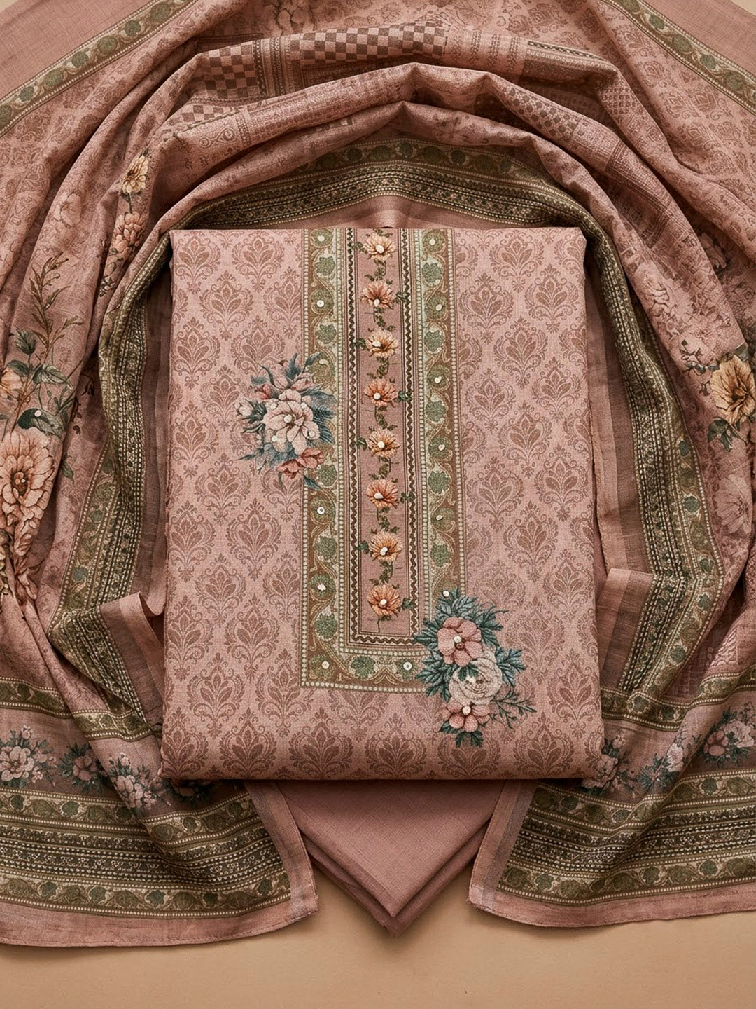 Peach Linen Blend Printed Unstitched Dress Material
