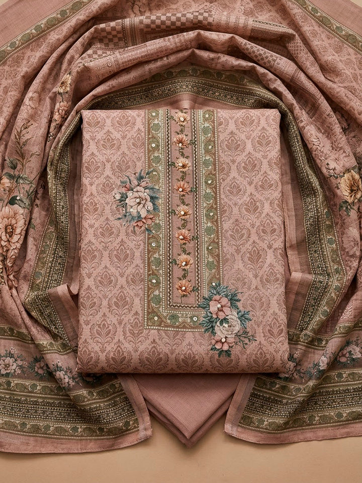 Peach Linen Blend Printed Unstitched Dress Material