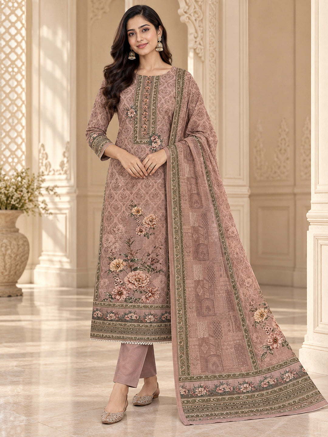 Peach Linen Blend Printed Unstitched Dress Material