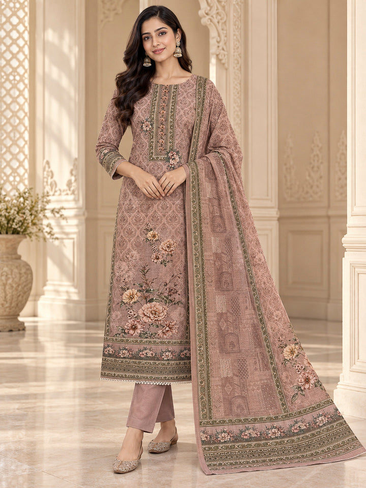 Peach Linen Blend Printed Unstitched Dress Material