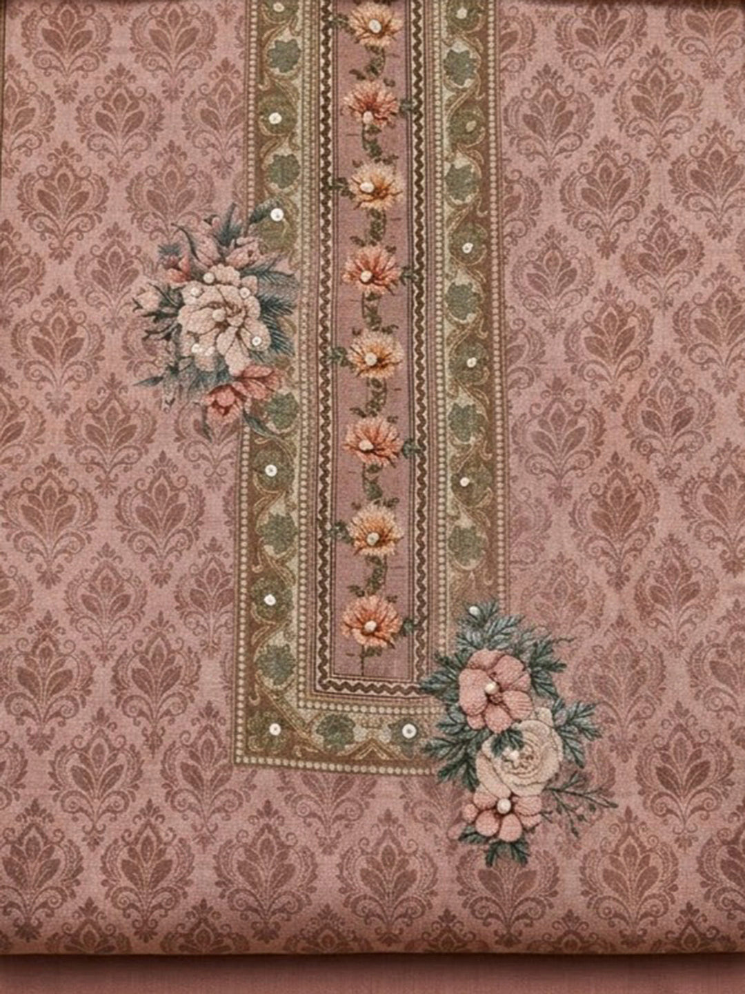Peach Linen Blend Printed Unstitched Dress Material