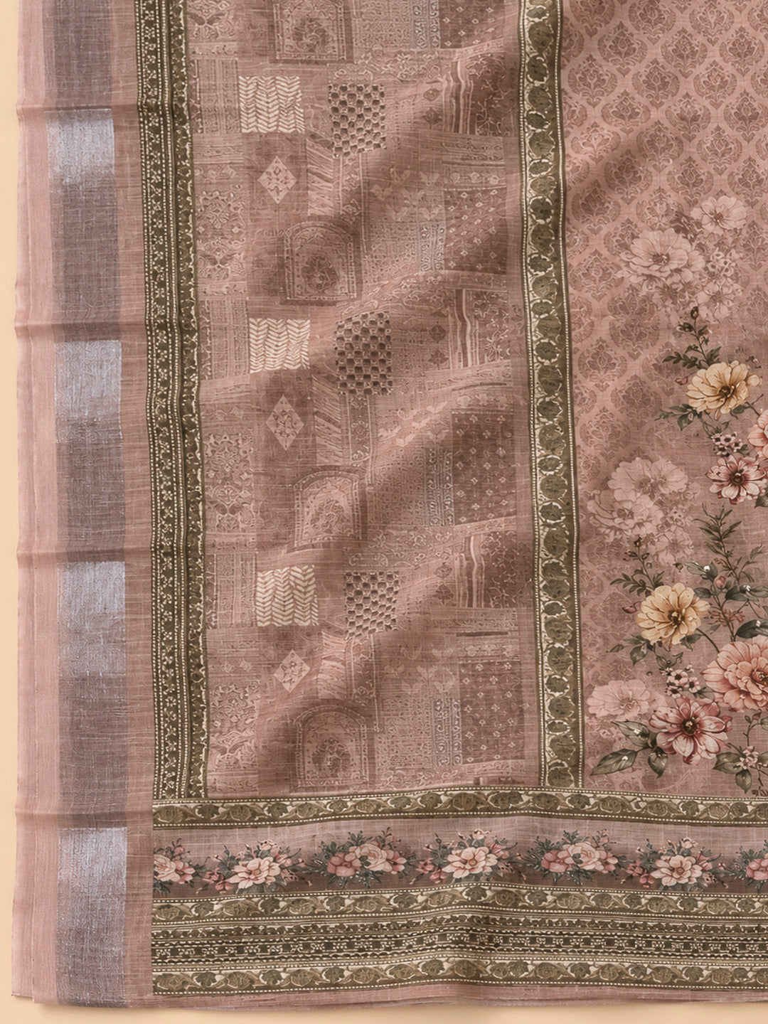 Peach Linen Blend Printed Unstitched Dress Material